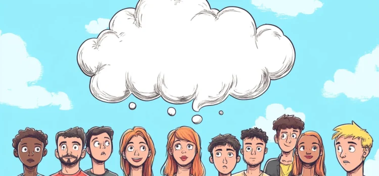 a cartoon of a group of people all sharing only one thought bubble over their heads illustrates group consensus