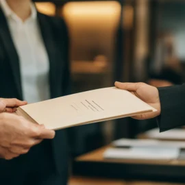 a manager handing a document to an employee with a team in the background illustrates how to create a training manual