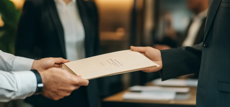 a manager handing a document to an employee with a team in the background illustrates how to create a training manual