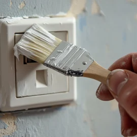 The hand of a predatory landlord painting over an electrical socket with white paint