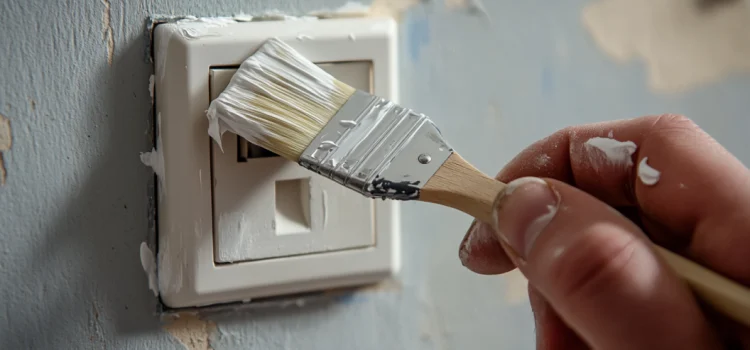 The hand of a predatory landlord painting over an electrical socket with white paint