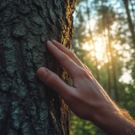 A hand mindfully touching the bark of a tree in a forest