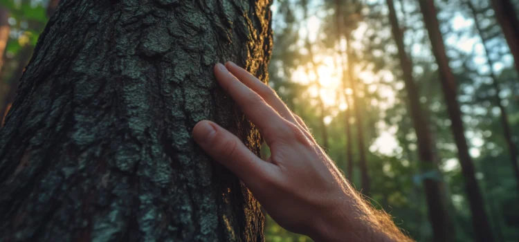 A hand mindfully touching the bark of a tree in a forest