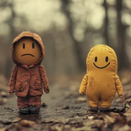 a happy figure and an unhappy figure standing out in the rain illustrate what it feels like to be wrong