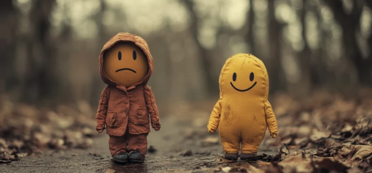 a happy figure and an unhappy figure standing out in the rain illustrate what it feels like to be wrong