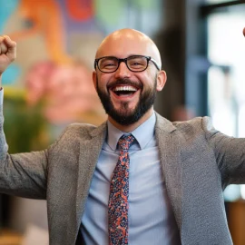 A happy manager in his office using a brand personality for the company