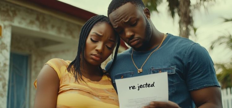 A Black couple being rejected for a house, displaying housing discrimination