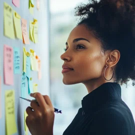 A business manager writing on a whiteboard with sticky notes, creating a business framework