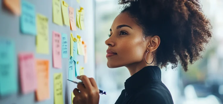 A business manager writing on a whiteboard with sticky notes, creating a business framework