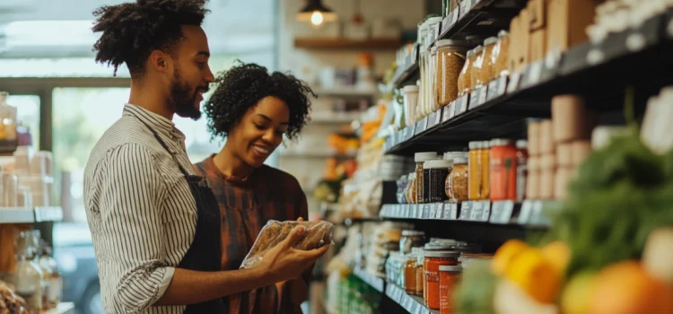 An employee helping a customer at the store to make her happy and improve customer experience