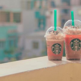 Two new Starbucks drinks on a ledge as part of the innovation strategy at Starbucks