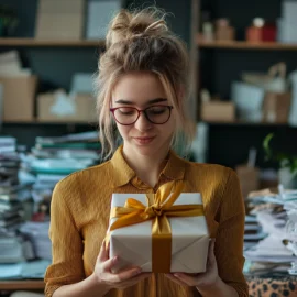 A woman holding a present with a pile of papers behind her, failing to show how to overcome instant gratification