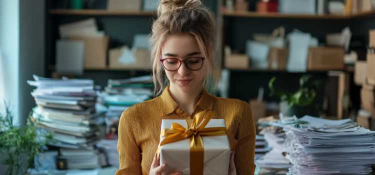 A woman holding a present with a pile of papers behind her, failing to show how to overcome instant gratification