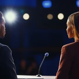 A speaker on stage at a podium, using a refutation in a debate against her opponent