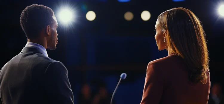 A speaker on stage at a podium, using a refutation in a debate against her opponent