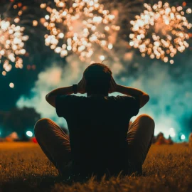 A man covering his ears at a fireworks display because he has sensory processing issues