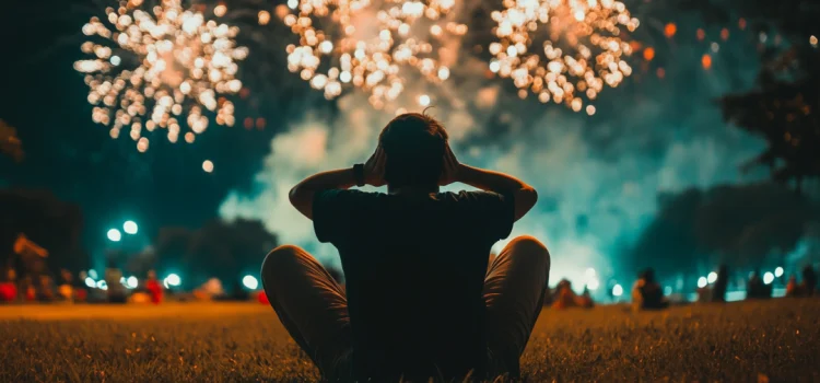 A man covering his ears at a fireworks display because he has sensory processing issues