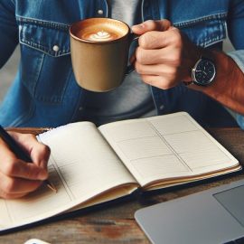 a man sitting at a desk, drinking coffee, and writing in a planner illustrates setting and achieving an annual goal