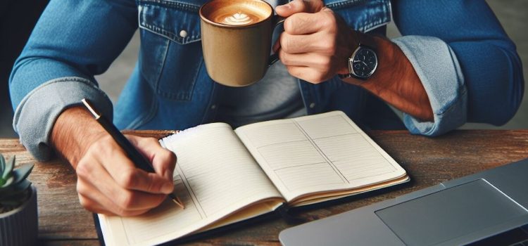 a man sitting at a desk, drinking coffee, and writing in a planner illustrates setting and achieving an annual goal