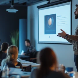 a man giving a presentation in a conference room illustrates three tools of influence: language, images, and environments