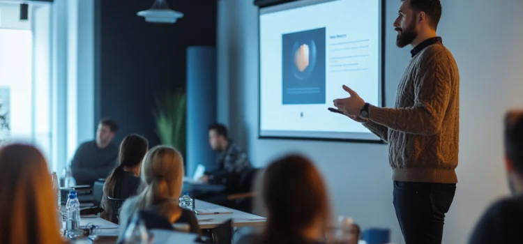 a man giving a presentation in a conference room illustrates three tools of influence: language, images, and environments