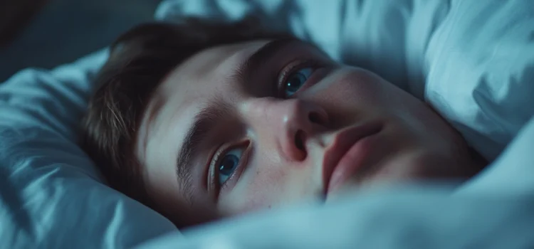 A man lying in bed with his eyes open, trying to fall asleep consciously