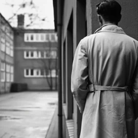 A black and white photo of a man in a lab coat outside of a brick building