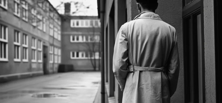 A black and white photo of a man in a lab coat outside of a brick building