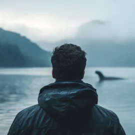 a man standing on the shore of a loch in Scotland looking at what appears to be a sea creature illustrates faulty perception