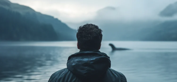 a man standing on the shore of a loch in Scotland looking at what appears to be a sea creature illustrates faulty perception