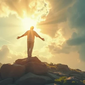 a man standing on top of a rocky mountain looking up as sun rays fill the sky illustrates God’s intervention