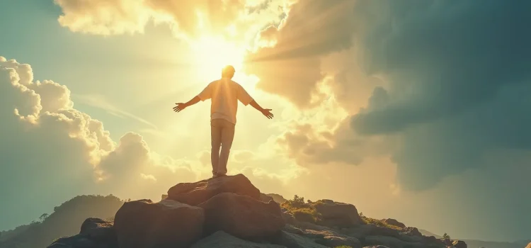 a man standing on top of a rocky mountain looking up as sun rays fill the sky illustrates God’s intervention