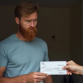 A man handing a rent check to his landlord. The renter looks stressed because of the eviction crisis and low wages