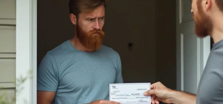 A man handing a rent check to his landlord. The renter looks stressed because of the eviction crisis and low wages