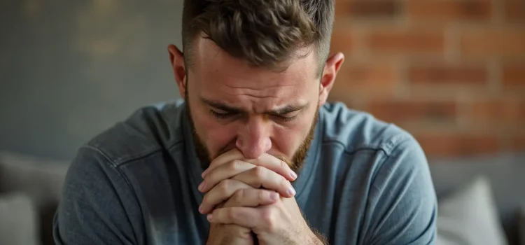 a bearded man praying with his head bowed and his hands clasped illustrates a belief that God will see you through