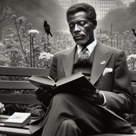 A man in a three-piece suit reading a book while sitting on a bench in an urban park with flowers and birds in the background