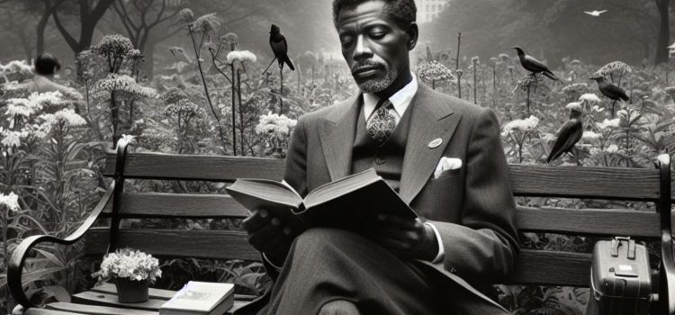 A man in a three-piece suit reading a book while sitting on a bench in an urban park with flowers and birds in the background