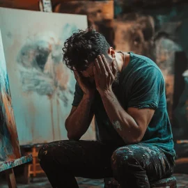 A sad man with his head in his hands in an art studio, displaying creative resilience