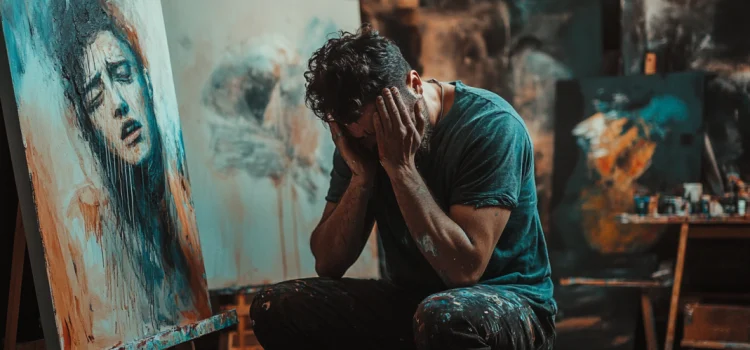 A sad man with his head in his hands in an art studio, displaying creative resilience