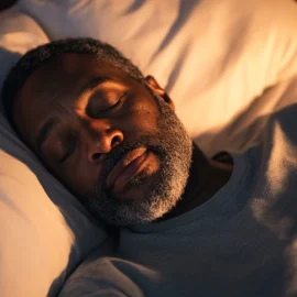 A bearded man sleeping in a bed, improving his mental flexibility through lucid dreaming