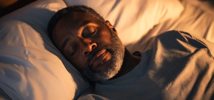 A bearded man sleeping in a bed, improving his mental flexibility through lucid dreaming