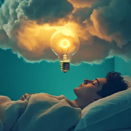 A man sleeping in bed with a light bulb above his head as he solves problems in his sleep