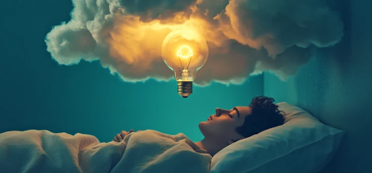 A man sleeping in bed with a light bulb above his head as he solves problems in his sleep