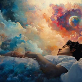 A man benefiting from lucid dreaming by imagining a galaxy painting