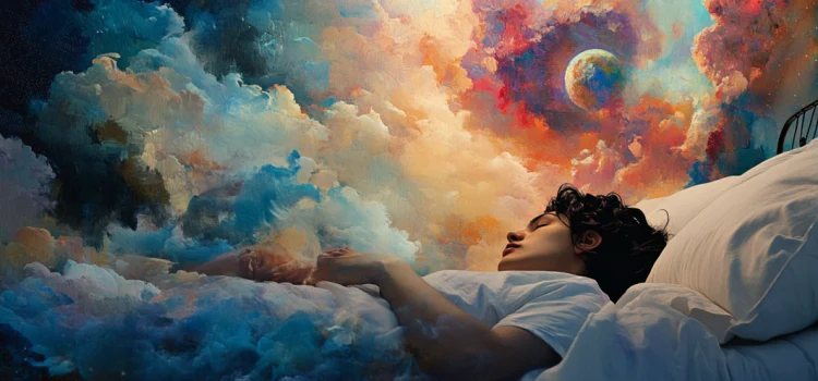 A man benefiting from lucid dreaming by imagining a galaxy painting