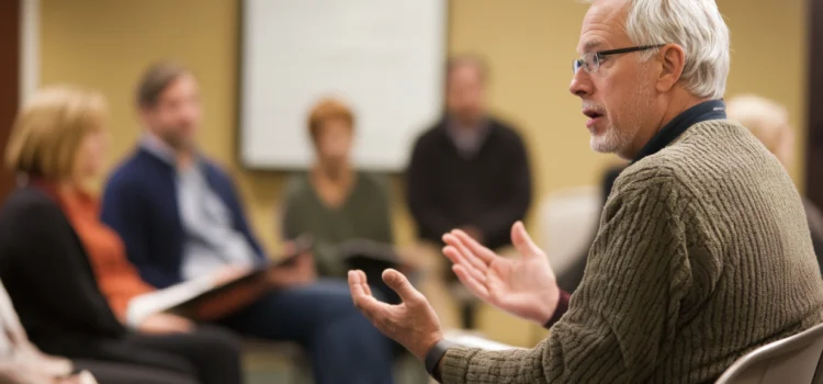 a white-haired man talking to a small group of listeners illustrates Robert Cialdini's authority principle of influence