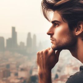 A young thoughtful man in profile with a cityscape in the background illustrates our abstract thinking ability