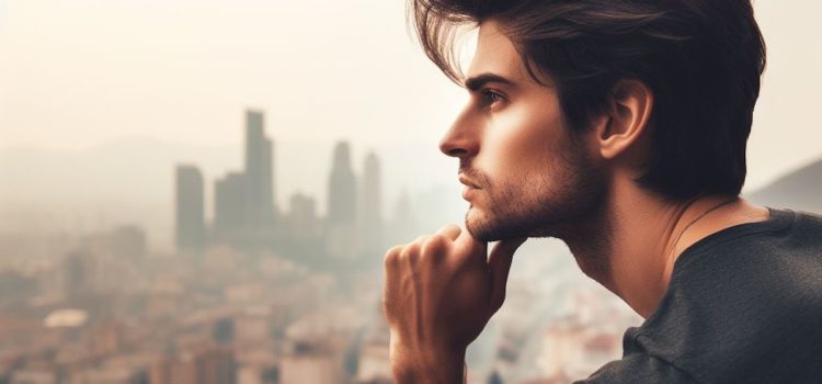 A young thoughtful man in profile with a cityscape in the background illustrates our abstract thinking ability