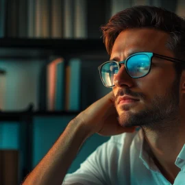 a young bearded man wearing glasses looking thoughtful in his home office illustrates work-life balance for entrepreneurs