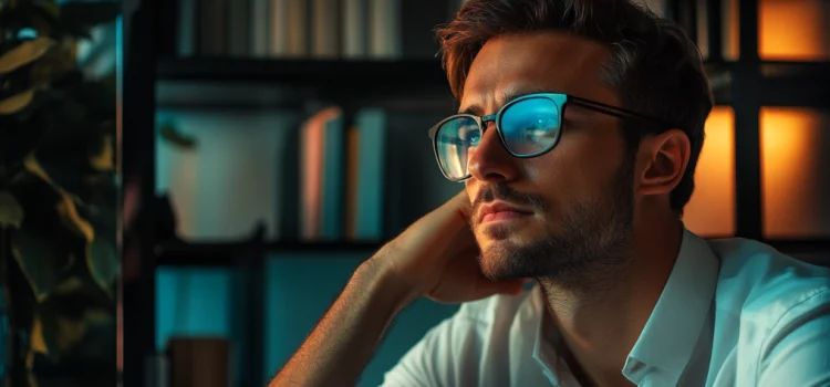 a young bearded man wearing glasses looking thoughtful in his home office illustrates work-life balance for entrepreneurs